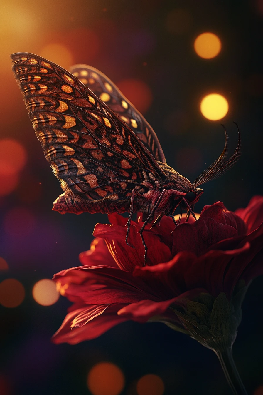 Close-up de mariposa-falcão em flor carmesim retorcida na escuridão