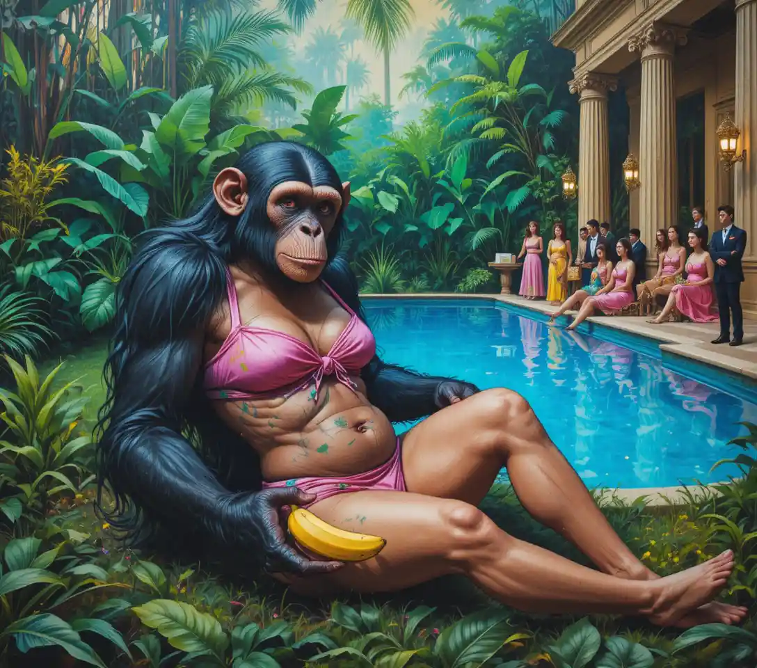 Chimpanzé réaliste assis dans l’herbe tenant une banane jaune