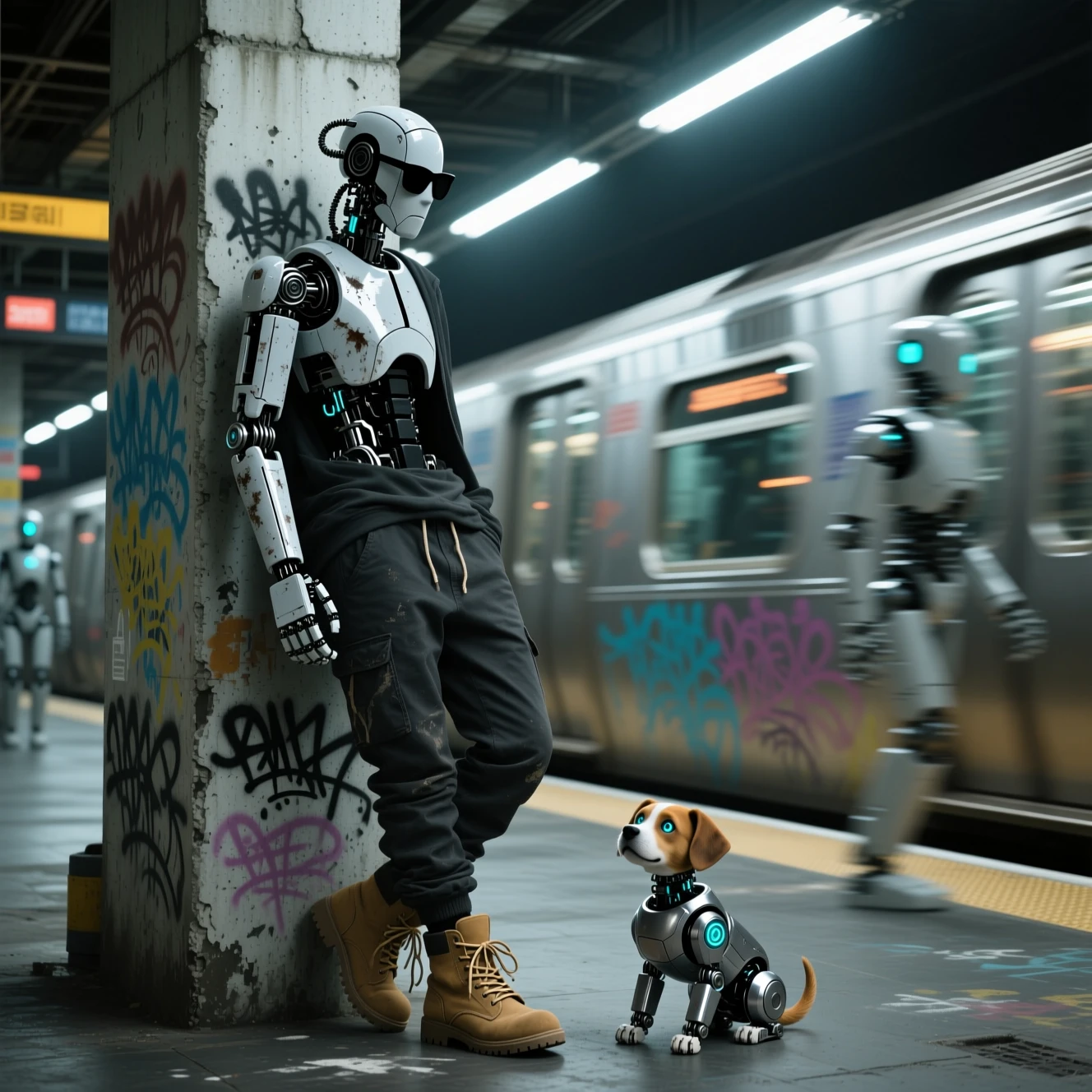 Robô humanóide encostado em parede de grafite na estação de trem