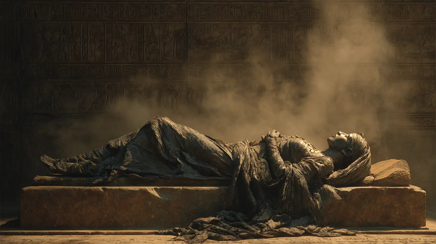 Reina momificada descansando sobre un lecho de piedra en el templo
