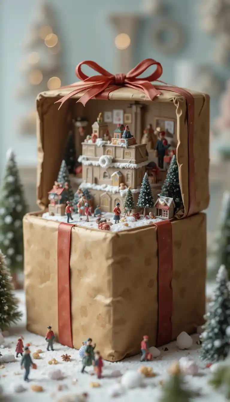 Winzige Menschen erkunden eine riesige, verpackte Weihnachtsgeschenkwelt
