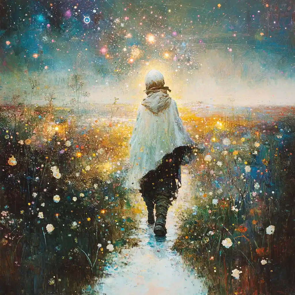 Viaggiatore che scopre un giardino alieno di flora cristallina illuminata dalle stelle