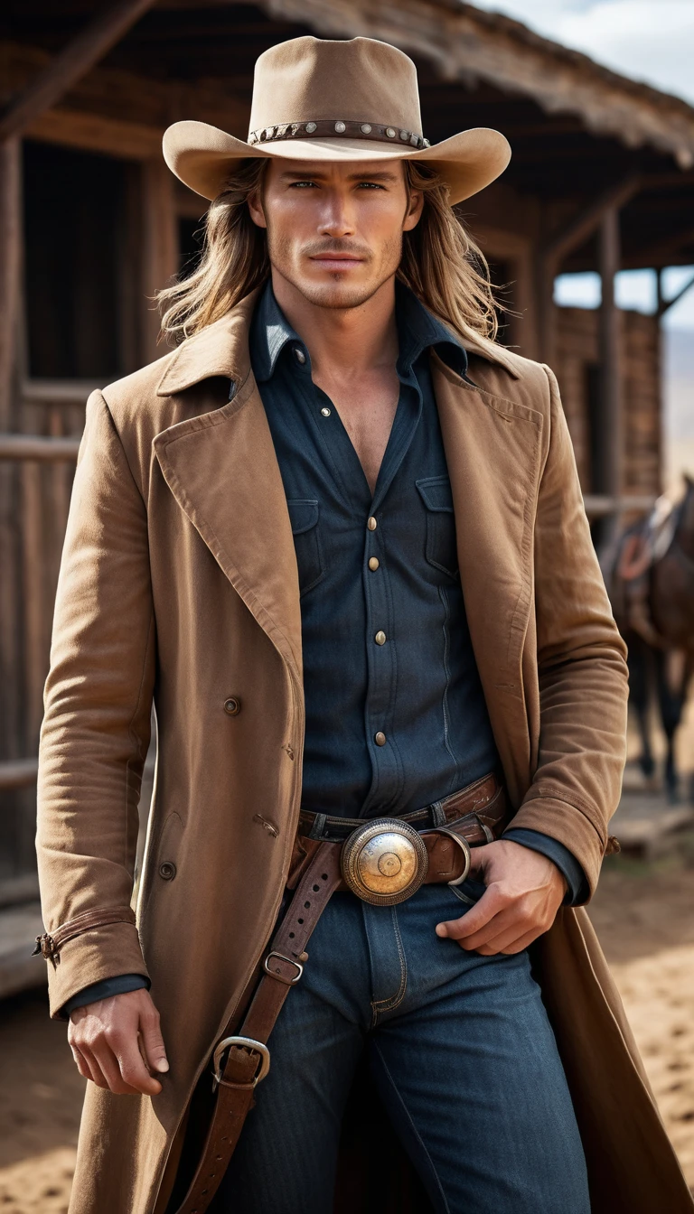 Cowboy bonito cavalgando um cavalo no velho oeste