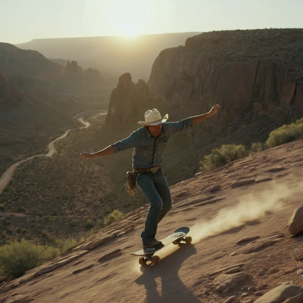 Cowboy descendo uma mesa rochosa de skate em alta velocidade ao entardecer