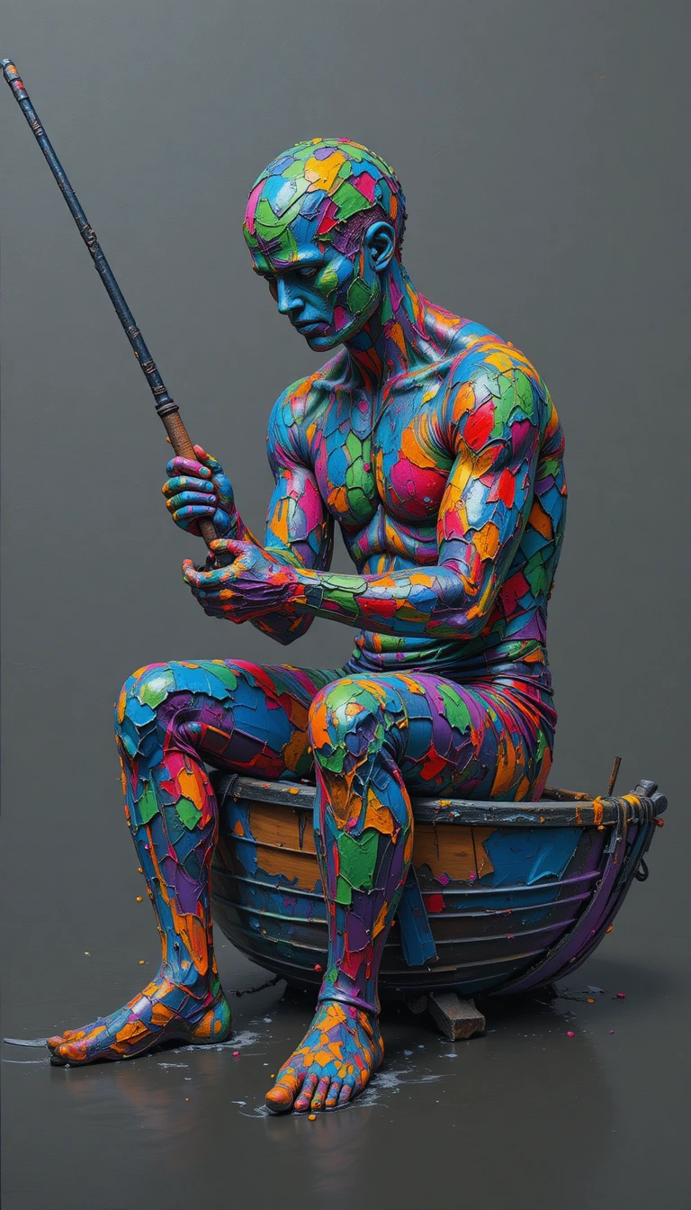 Figura de pescador abstrata fundida com um barco simbólico e colorido