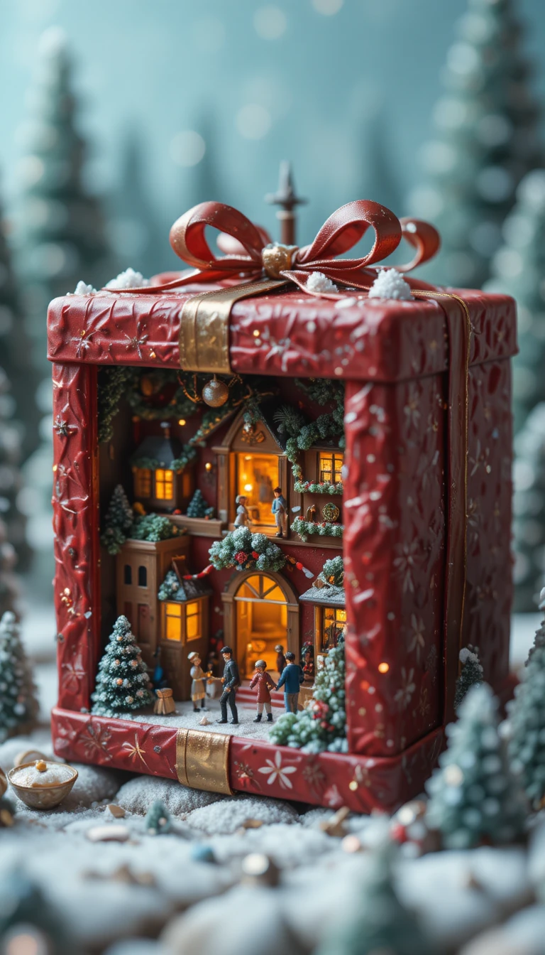 Figure minuscole che esplorano un mondo di regalo di Natale gigante e incartato