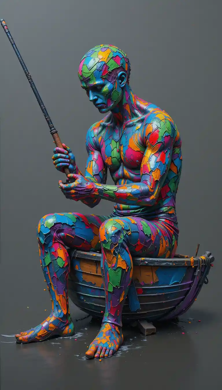 Abstract fisherman figure merged with a colorful symbolic boat