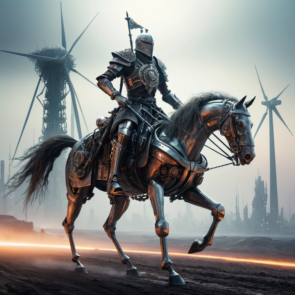 Chevalier cyberpunk sur cheval mécanique dans une ville dystopique