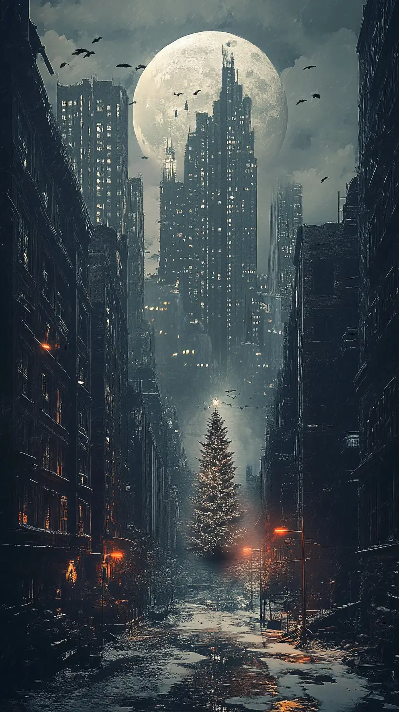 Paesaggio urbano notturno suggestivo con albero di Natale al chiaro di luna
