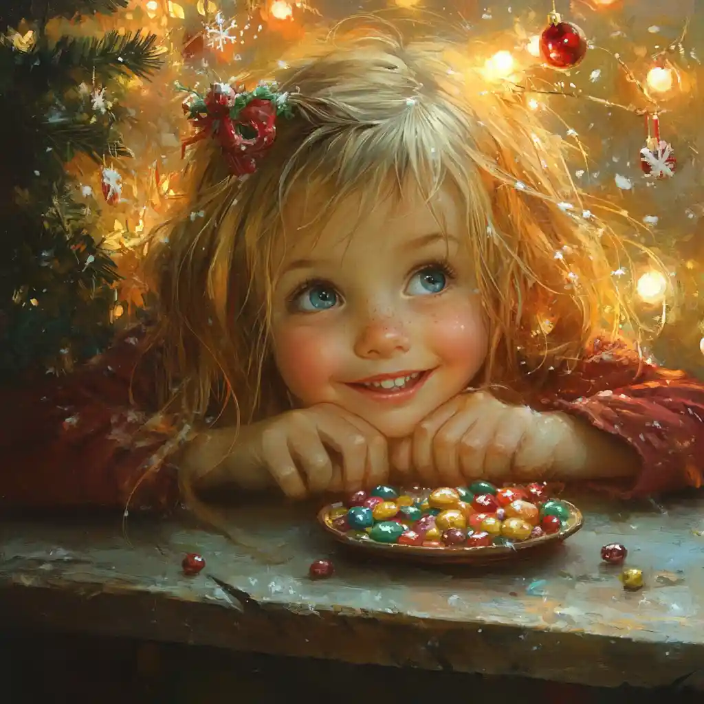 Ragazza sorridente che ammira un colorato piatto di caramelle di Natale