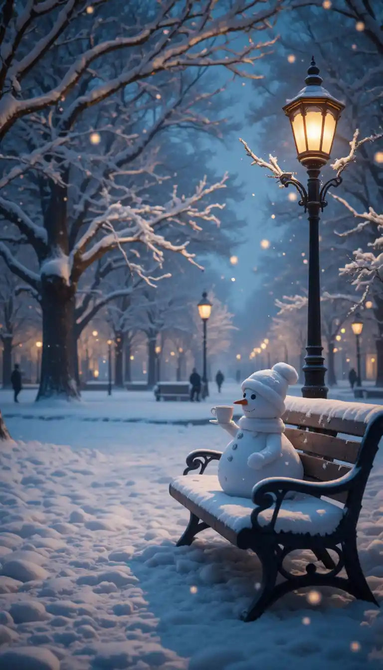 Verschneite Parkbank mit Schneemann unter warmer Straßenlaterne