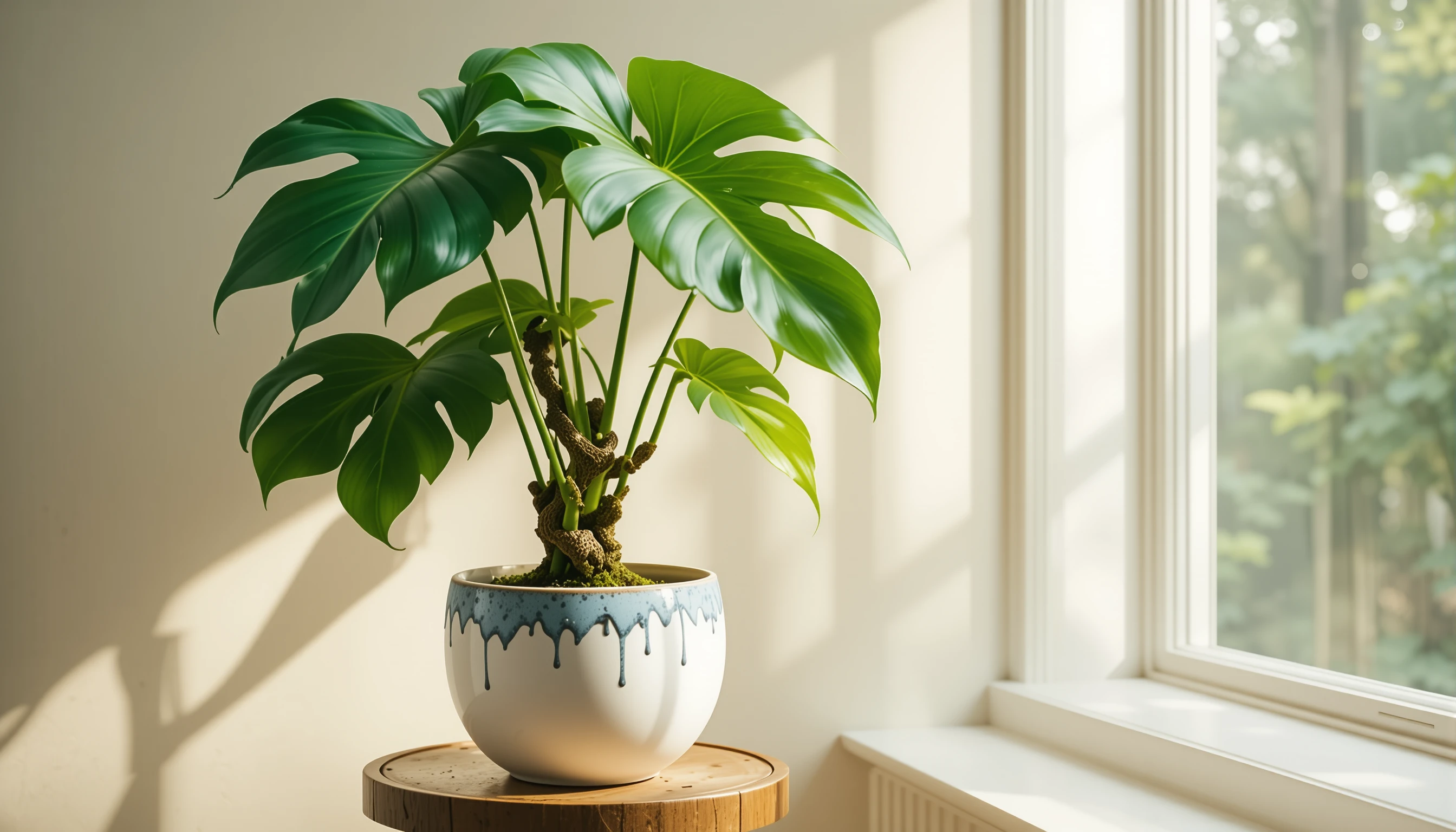 Monstera-Pflanze im Keramiktopf am sonnendurchfluteten Fenster