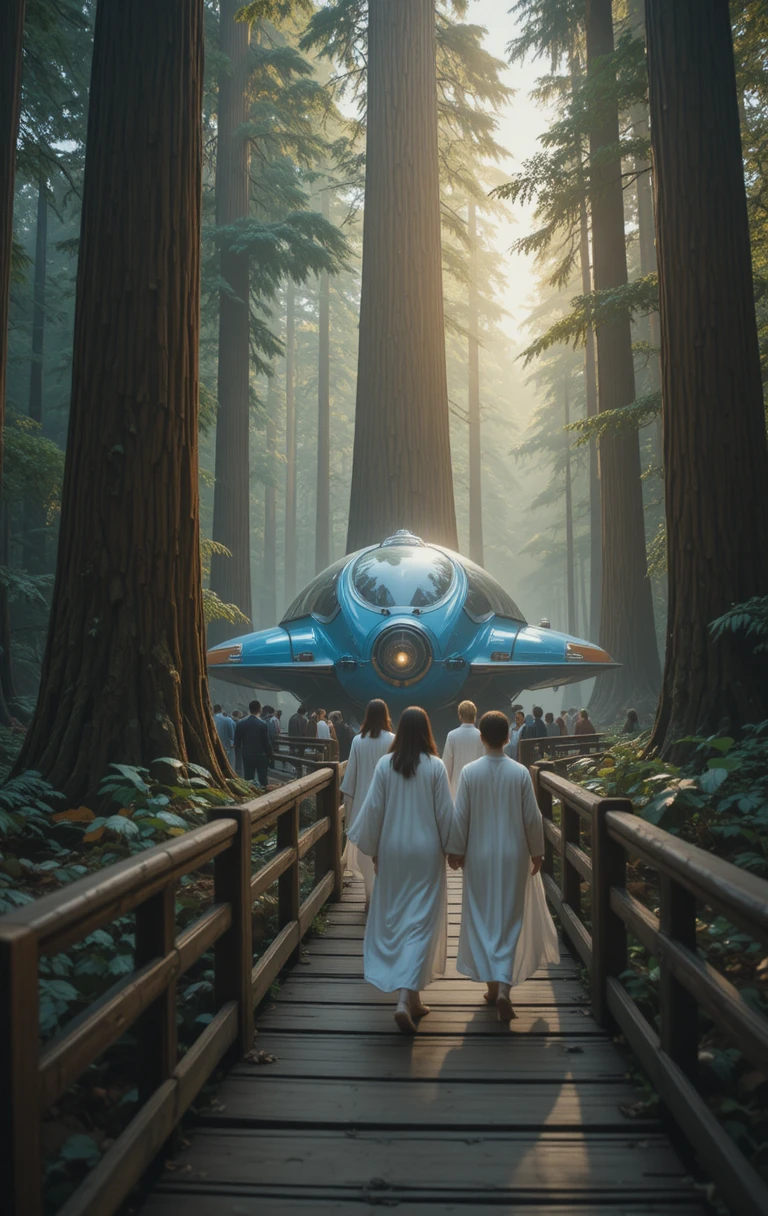 People in white robes crossing a bridge in redwood forest