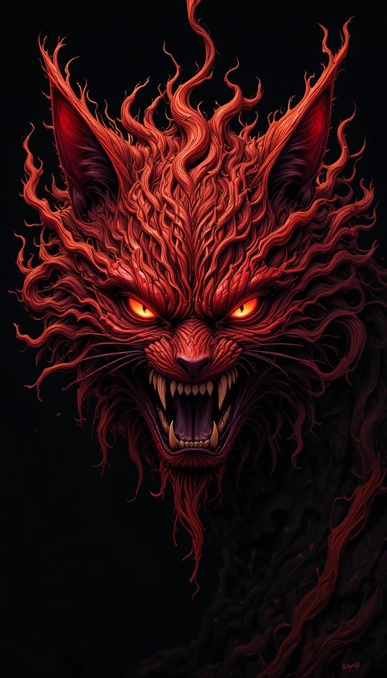 Ferocious red cat with blazing eyes on black background