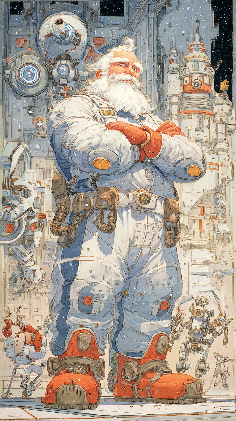 Família Futurista do Papai Noel em Oficina de Brinquedos de Alta Tecnologia