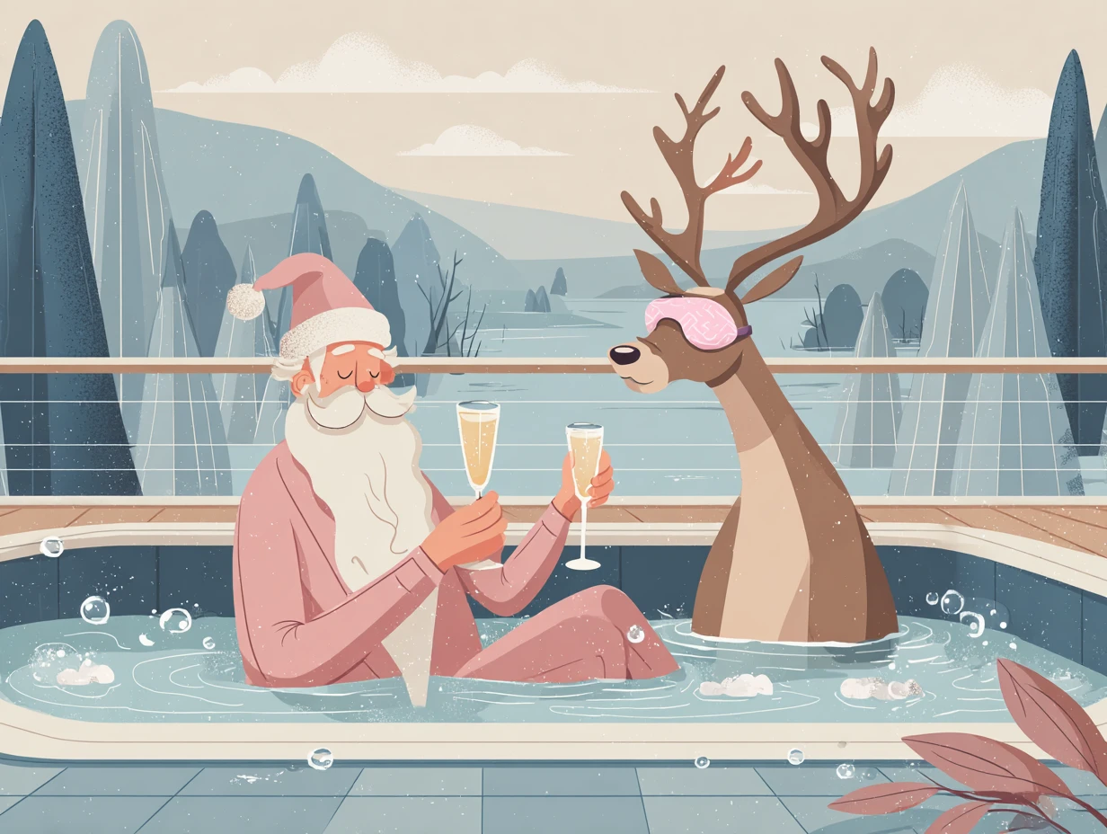 Papai Noel Relaxando em uma Banheira de Hidromassagem com Rena