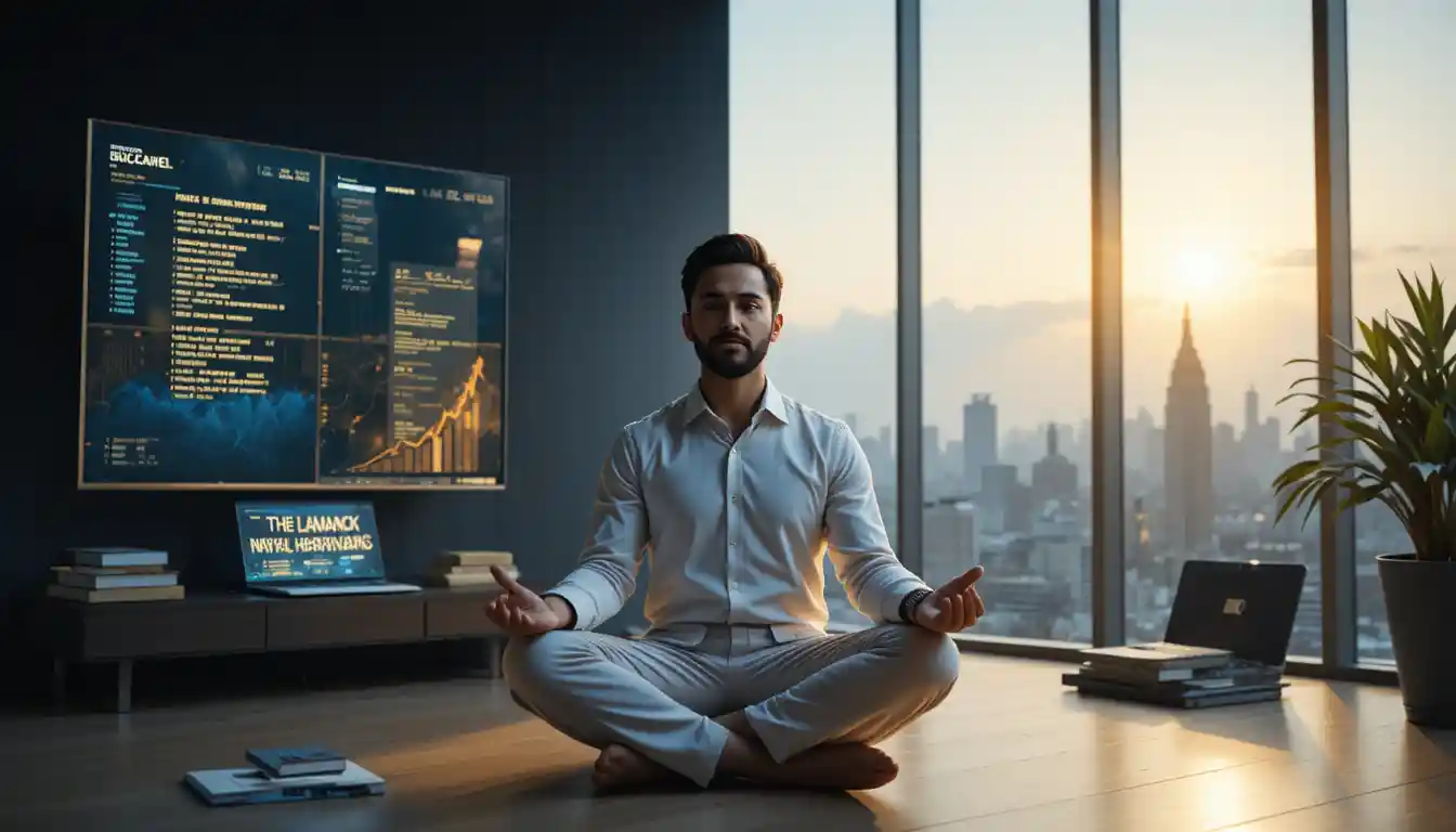 Calm entrepreneur meditating between city wealth and inner peace