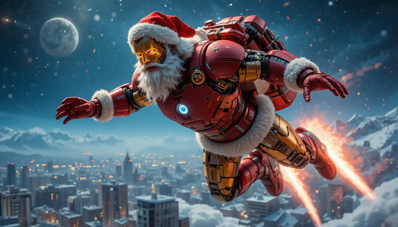 Santa Claus ciborg superhéroe volando sobre la ciudad nocturna