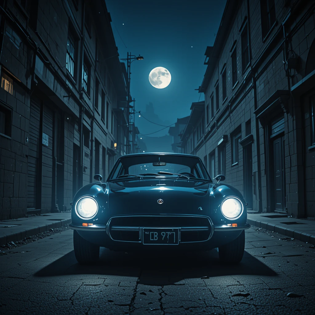 Carro vintage sob faróis intensos em um beco ao luar