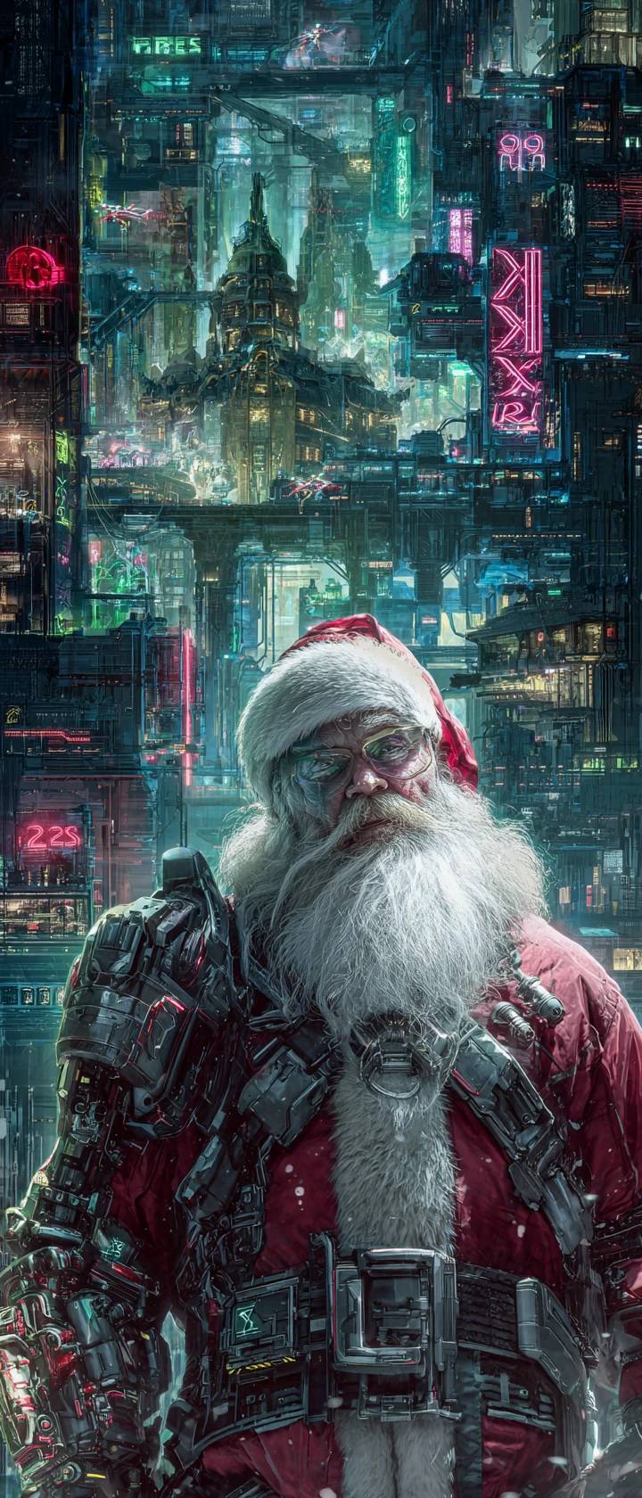 Papai Noel cibernético posando em uma oficina de brinquedos futurista