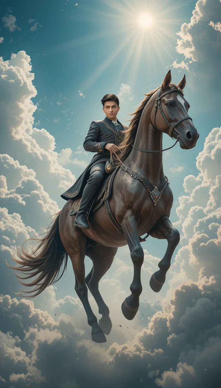 Confident man riding a flying horse through bright sky