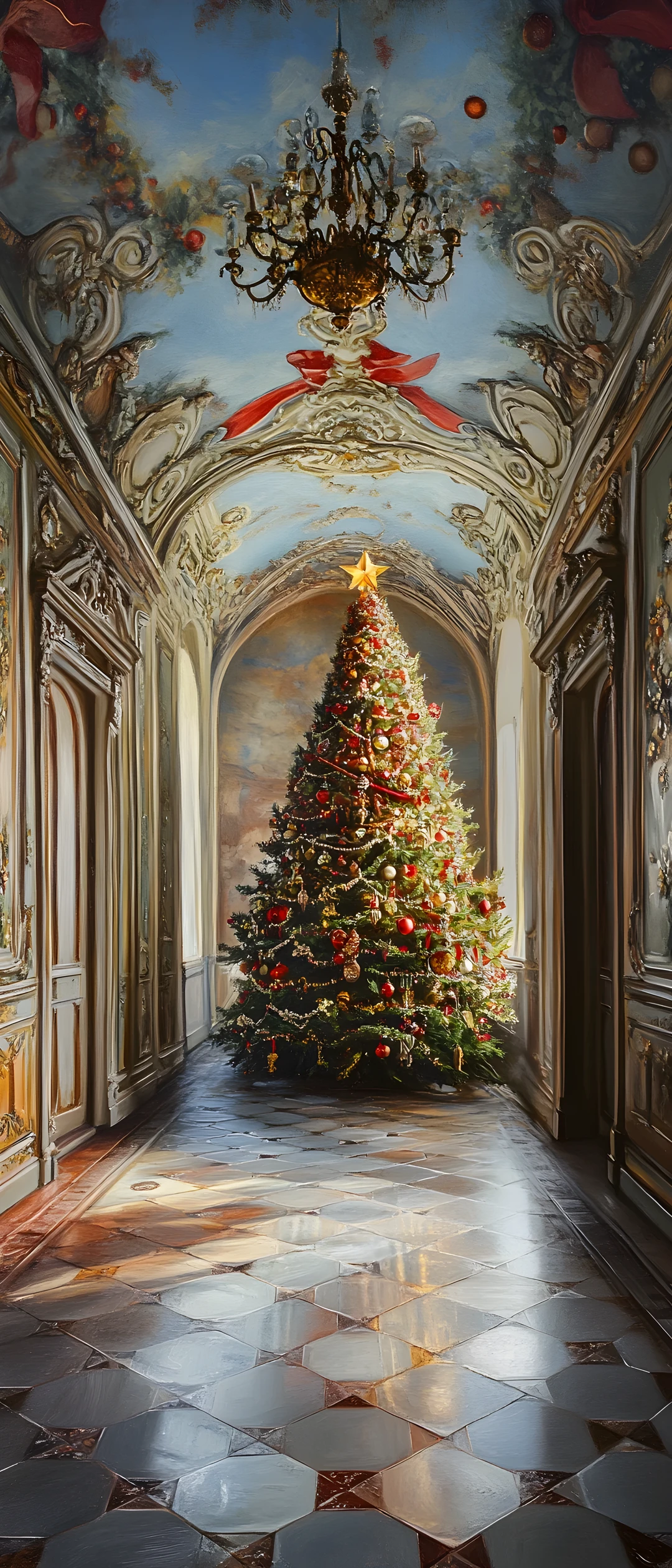 Prächtiger Weihnachtsbaum in einem reich dekorierten Flur
