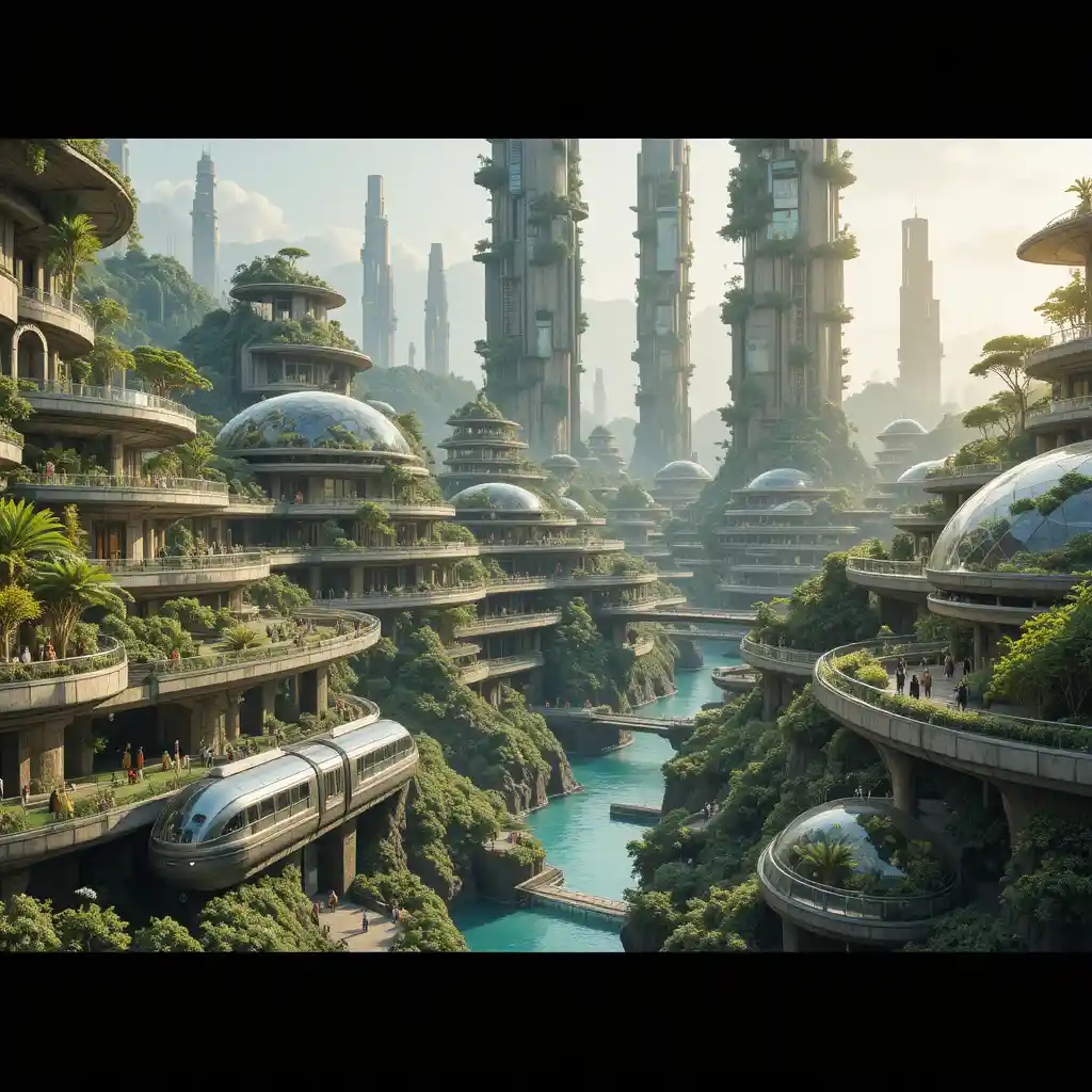 Futuristic eco city with terraced towers and lush greenery