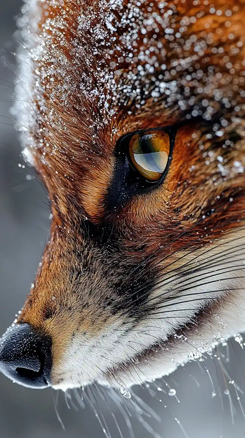 Extreme close up of a red fox eye with forest reflections