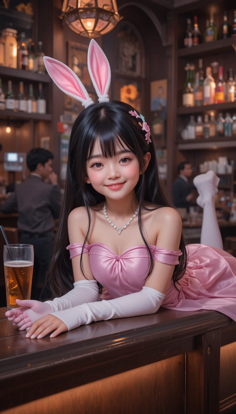 Young anime girl in a pink dress lying in a bar