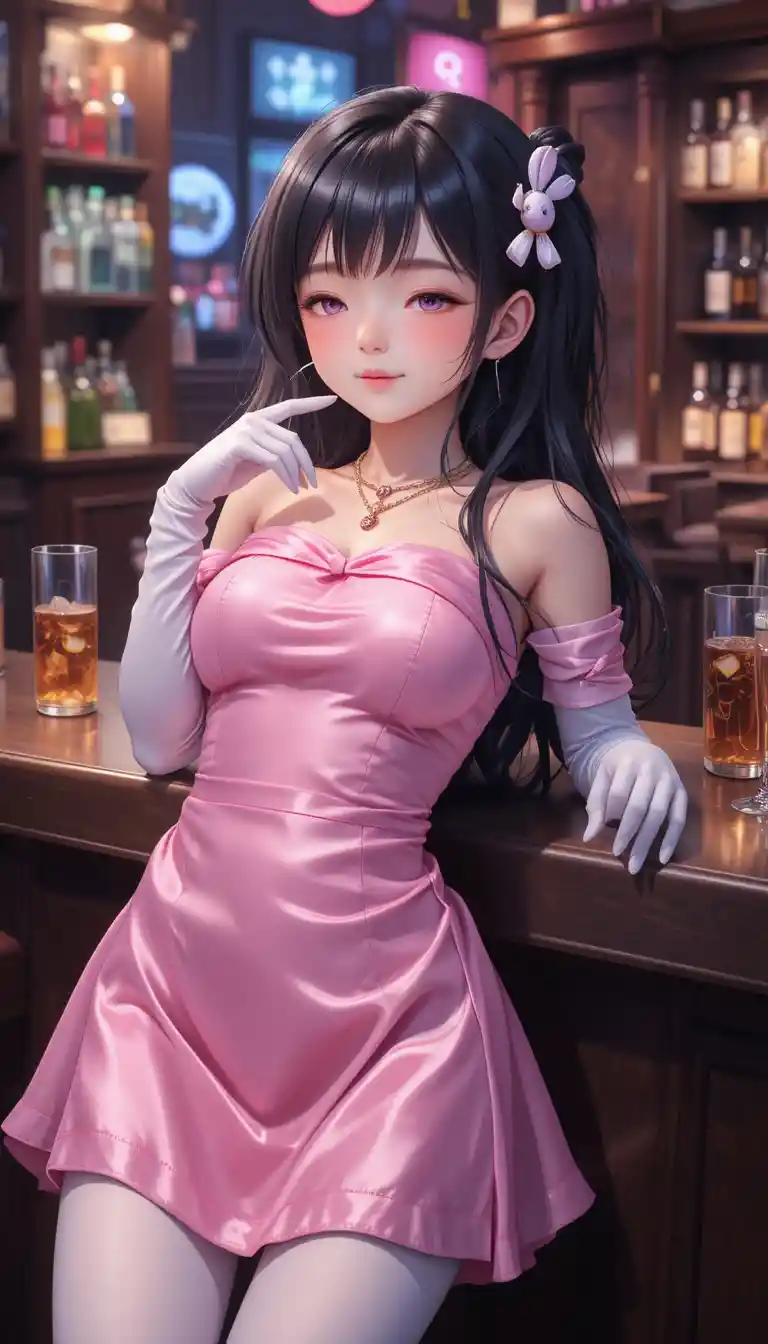 Young anime girl in a pink dress at a dark bar