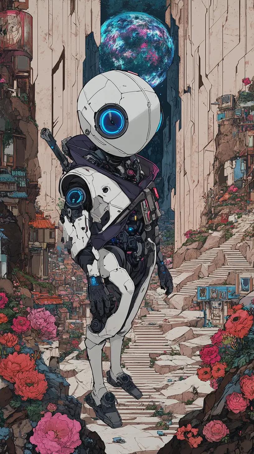 Anime robot florist holding a colorful flower pot