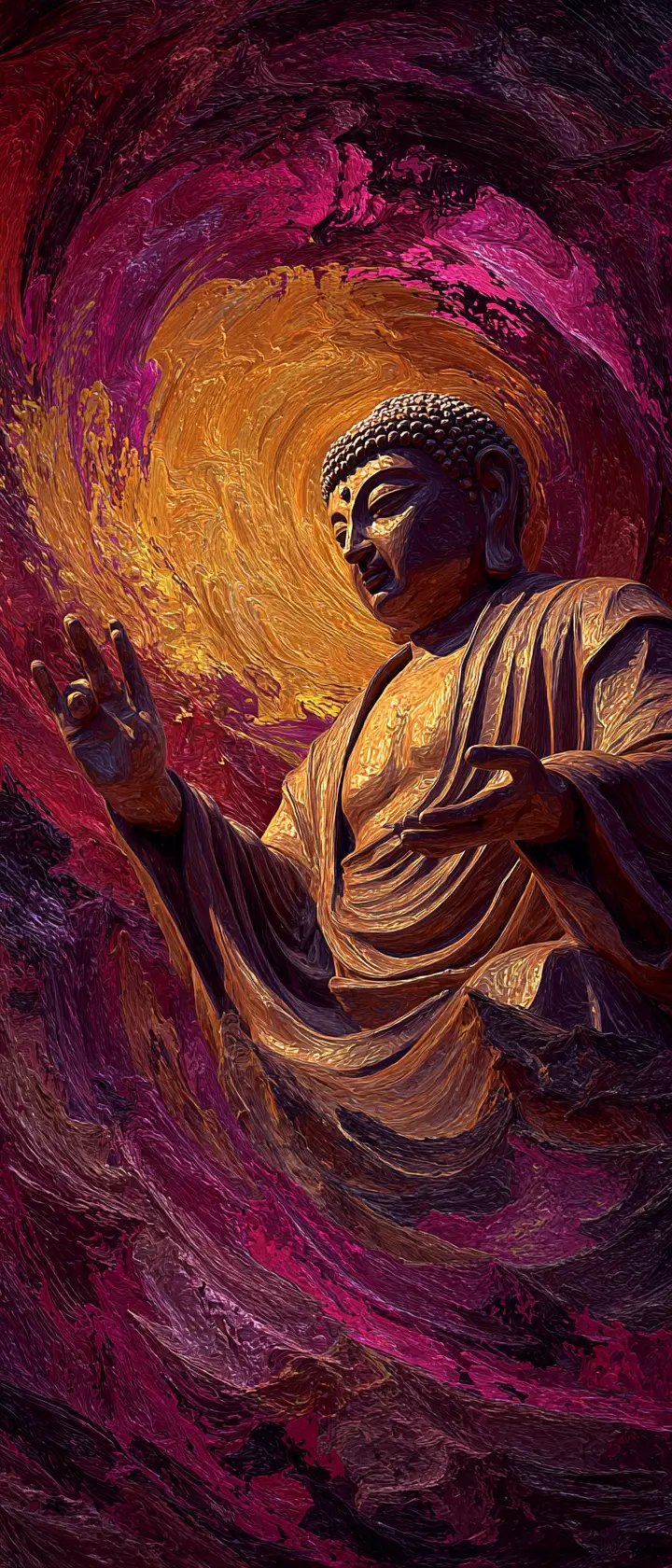 Buddha in einem verzerrten kosmischen Farbwirbel