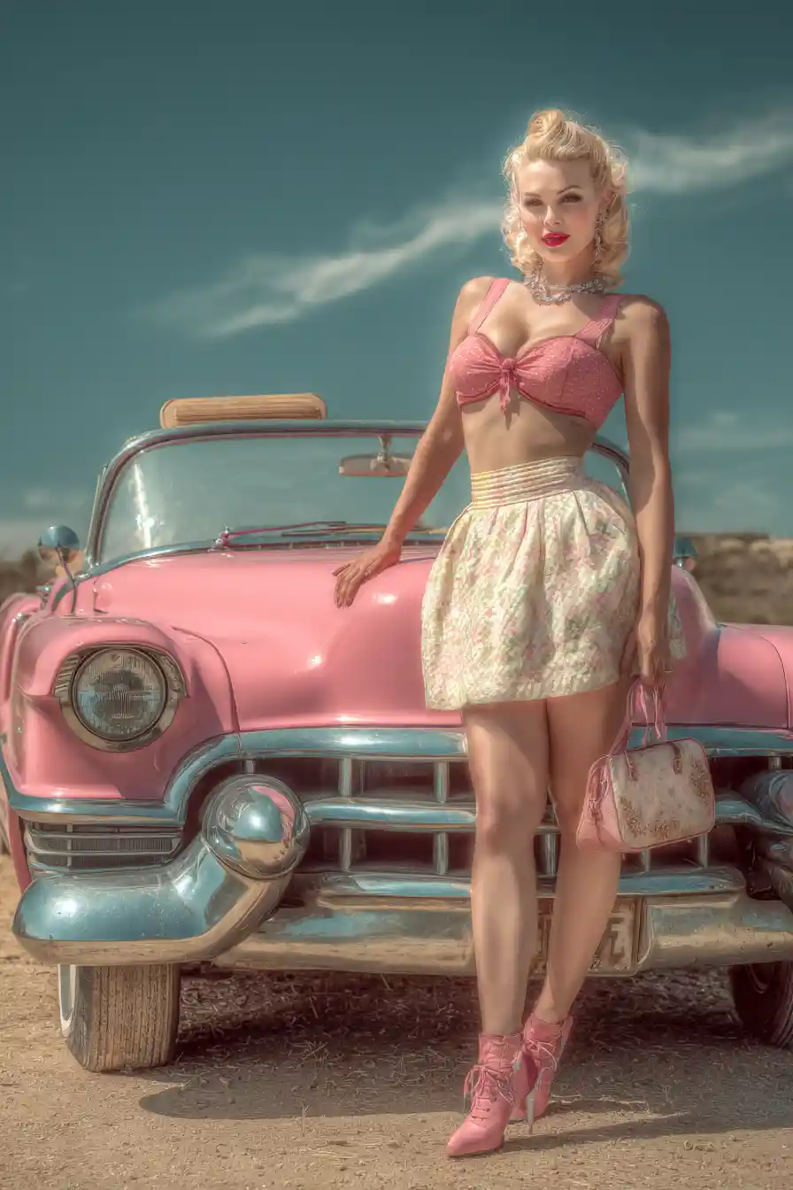Pin-up de calendrier posant près d’une Cadillac rose des années 50