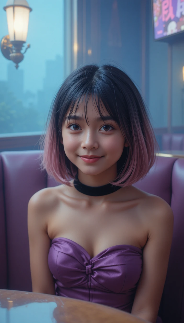 Happy young girl smiling in a cozy indoor lounge