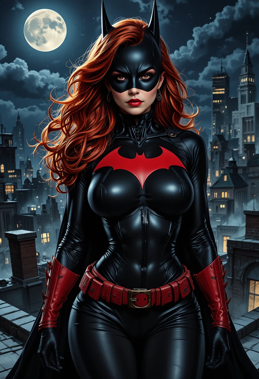 Red haired masked heroine on a dark Gotham rooftop