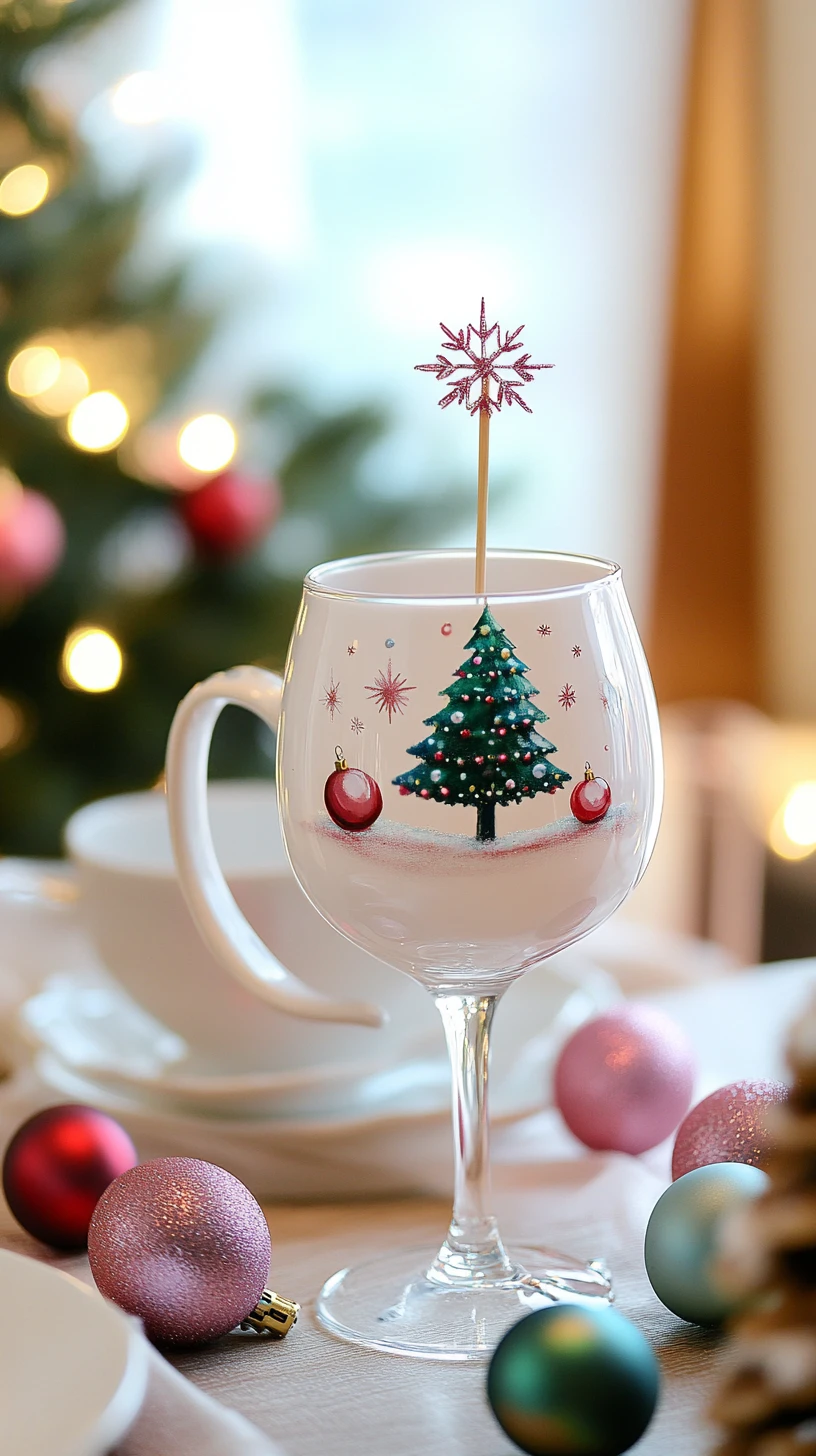 Mug de Noël et verre de vin rempli de boules en décoration de table