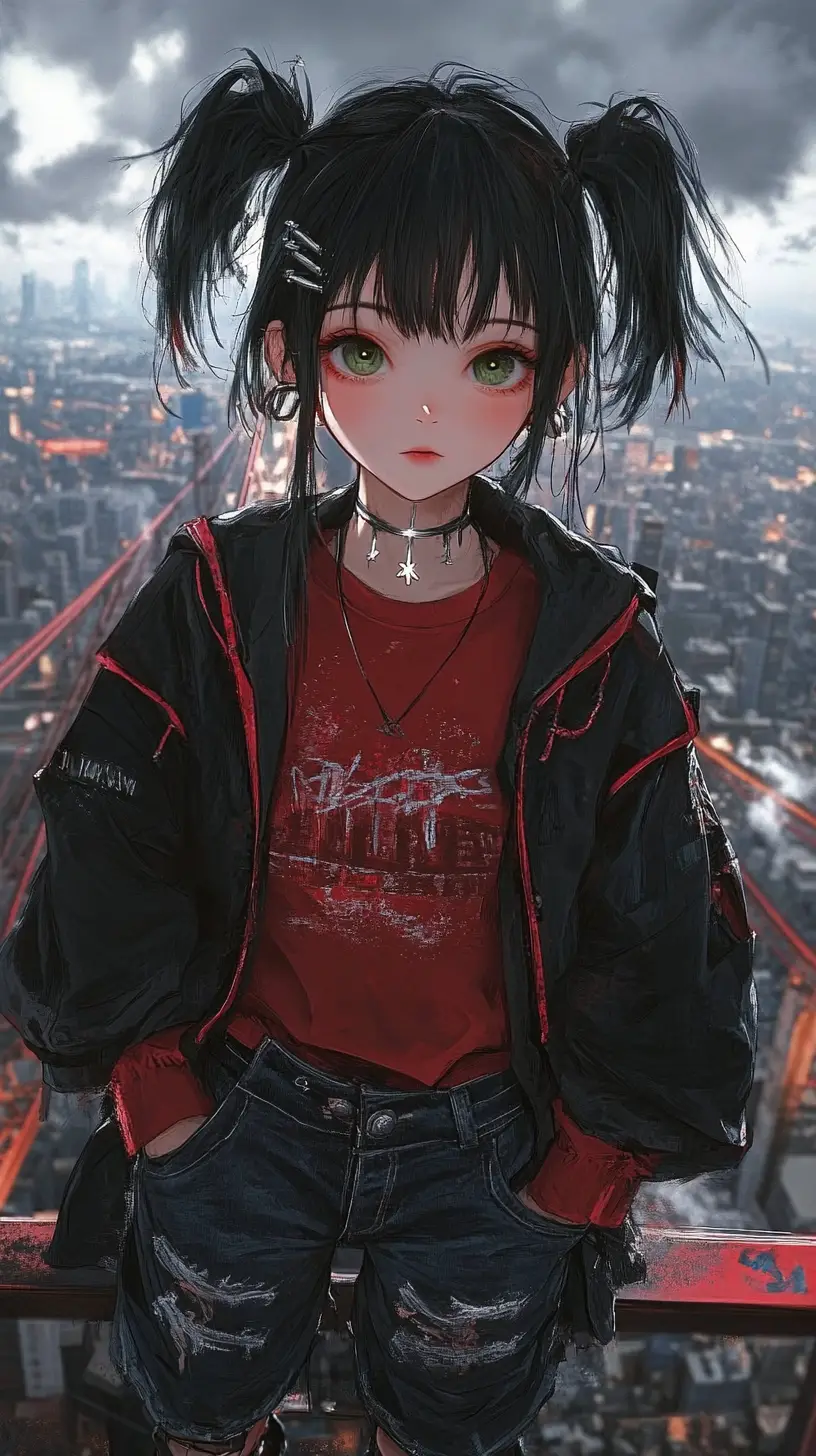 夜の高層ビル屋上公園に立つアニメ少女