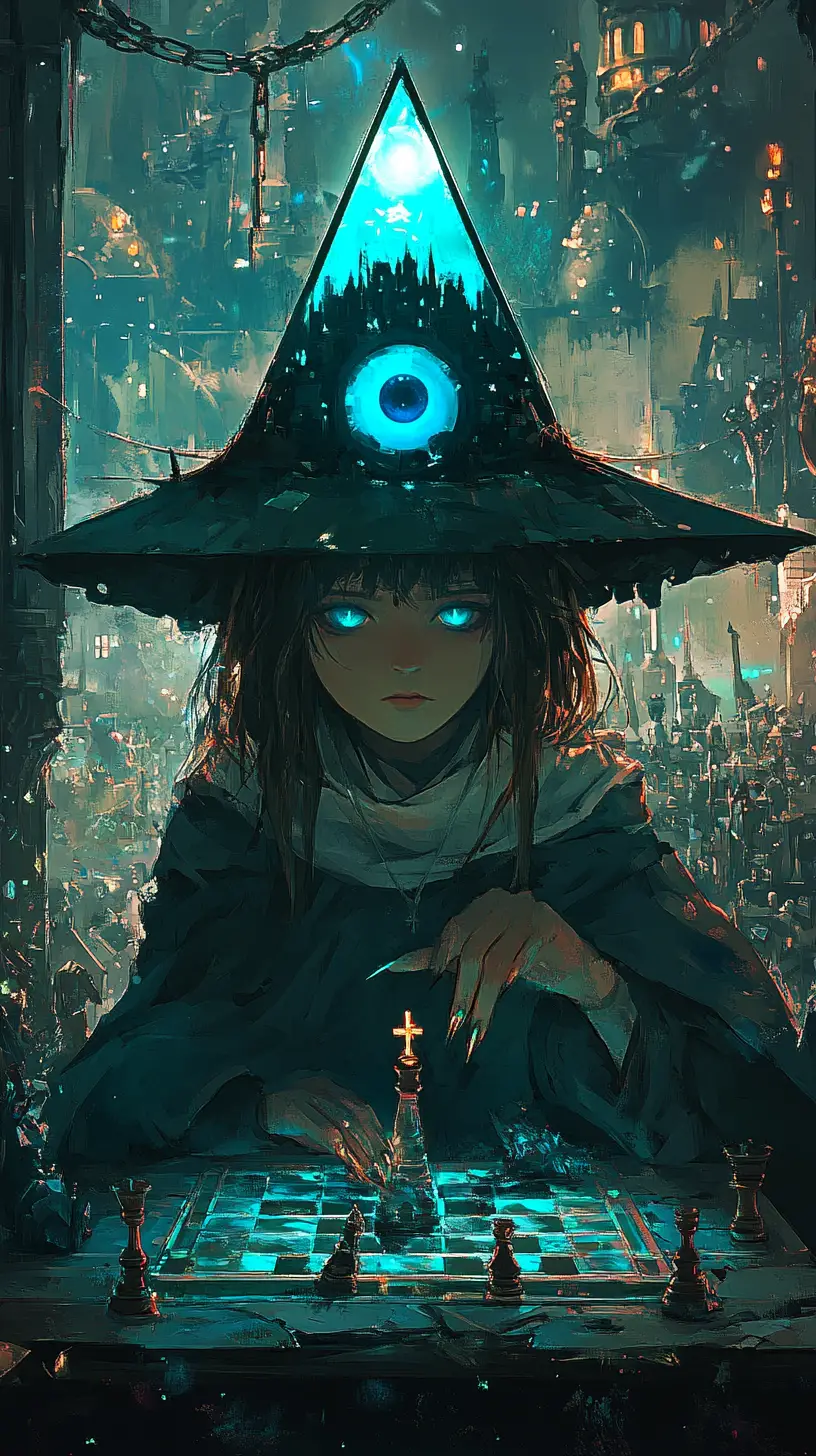 テーブルで鏡の自分とチェスをする少女