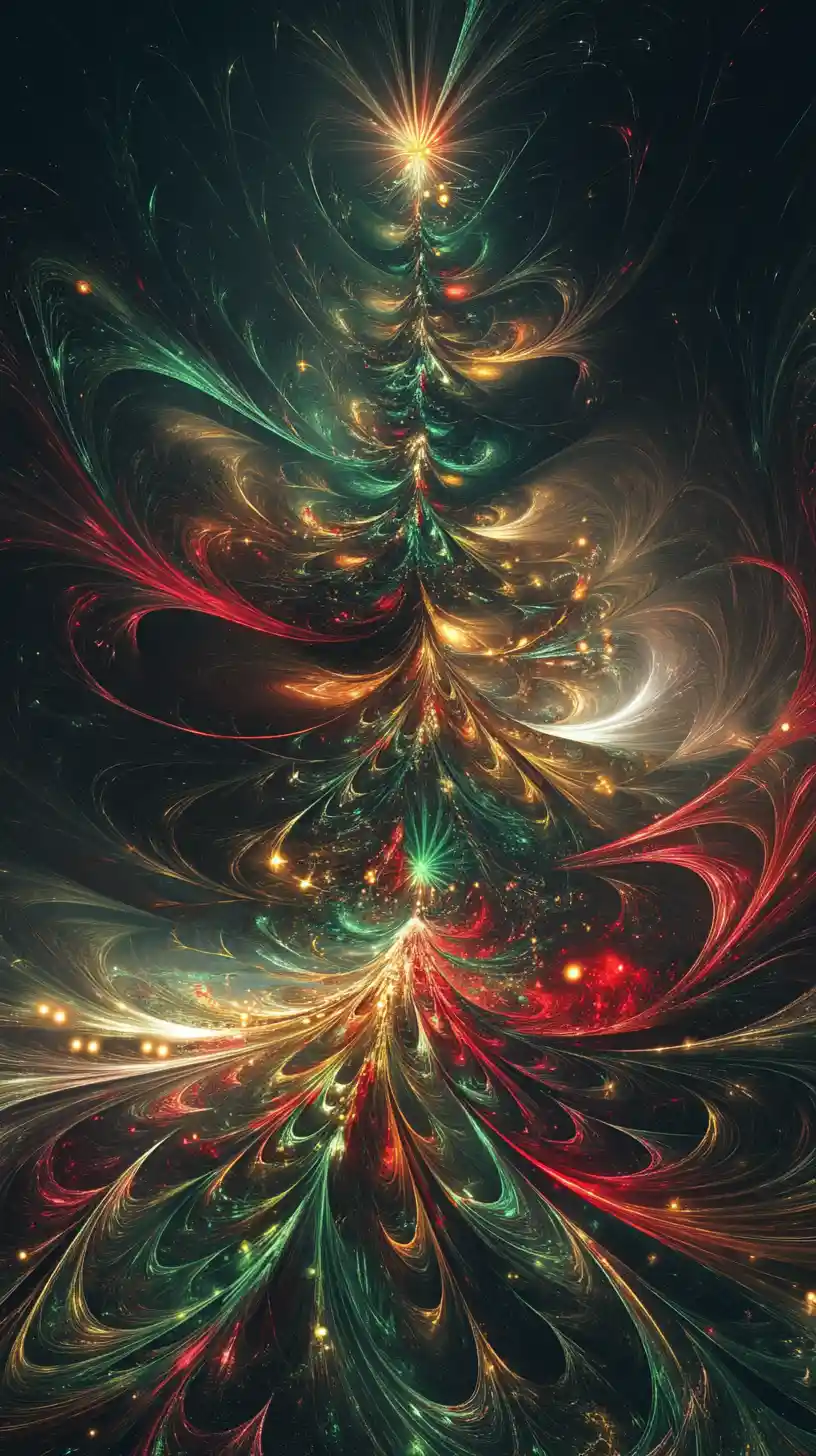 Albero di Natale verde calligrafico con piume colorate in vortice