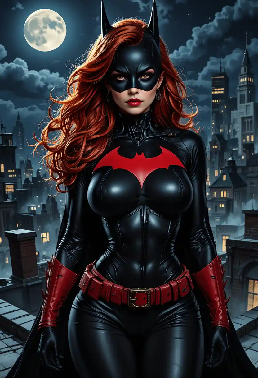 Red haired masked heroine on a dark Gotham rooftop
