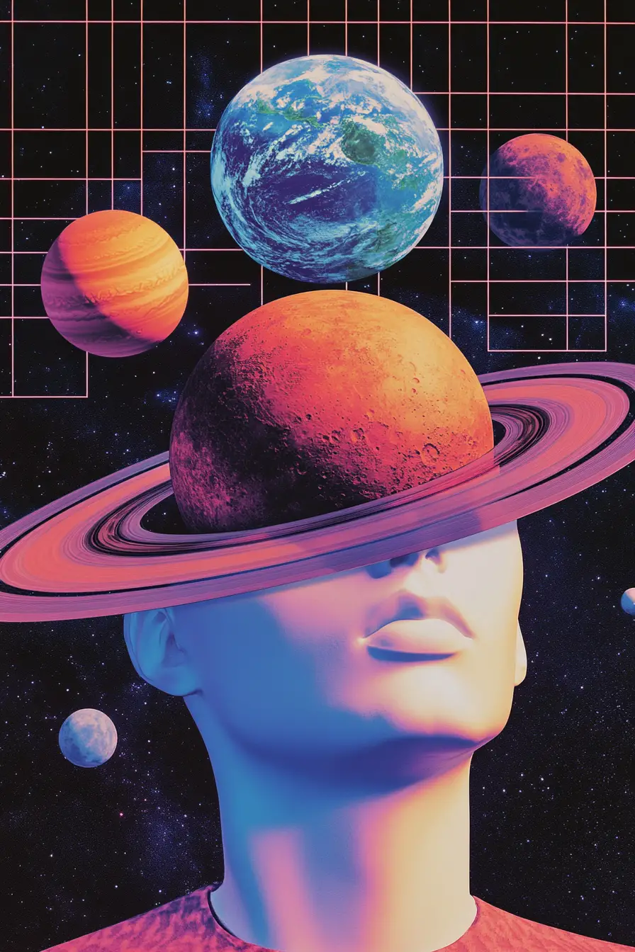 Art deco mannequin head with planets and neon grid