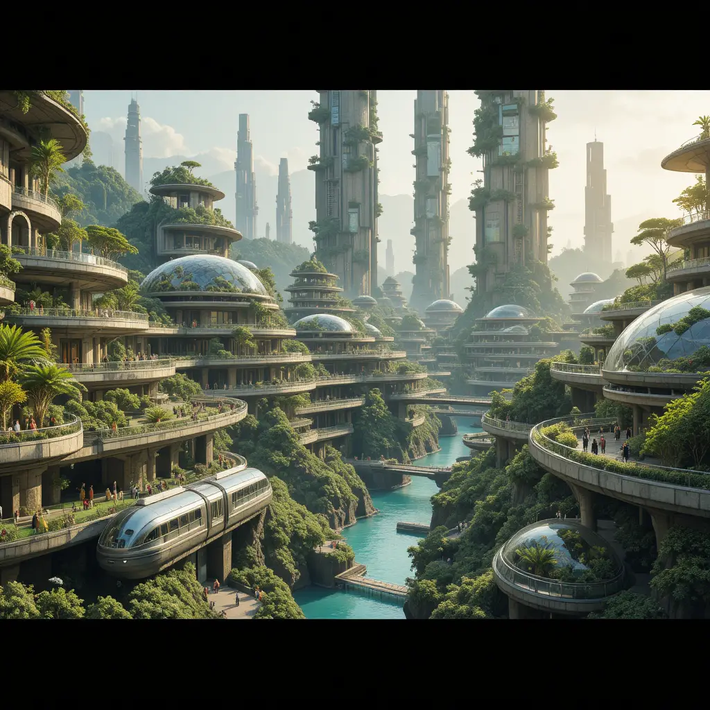 Cidade ecológica futurista com torres em terraço e vegetação exuberante