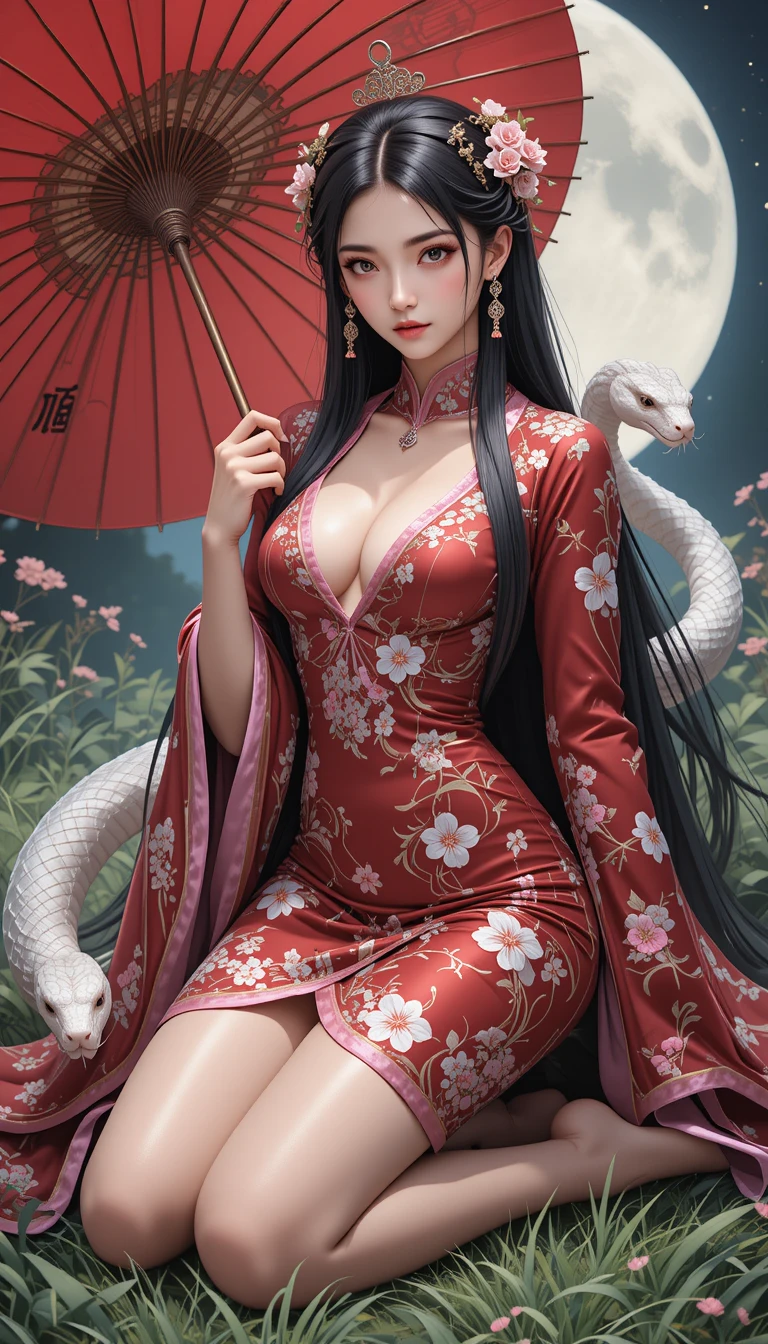Regale imperatrice pirata anime inginocchiata con un serpente bianco