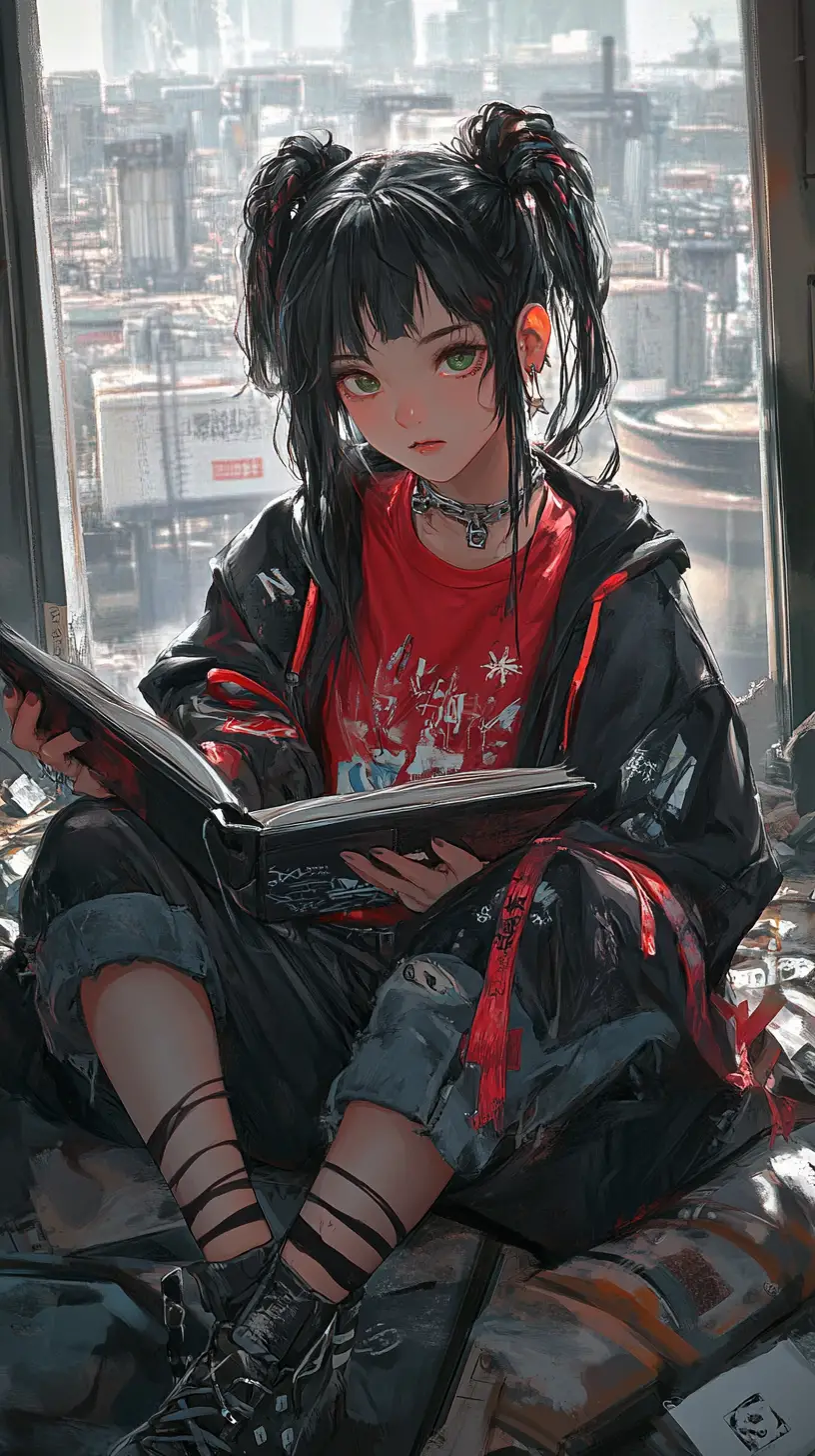 Chica de anime leyendo una tablet en el interior de una fábrica en ruinas