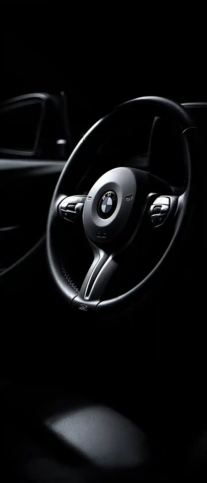 Close up steering wheel in dark studio spotlight