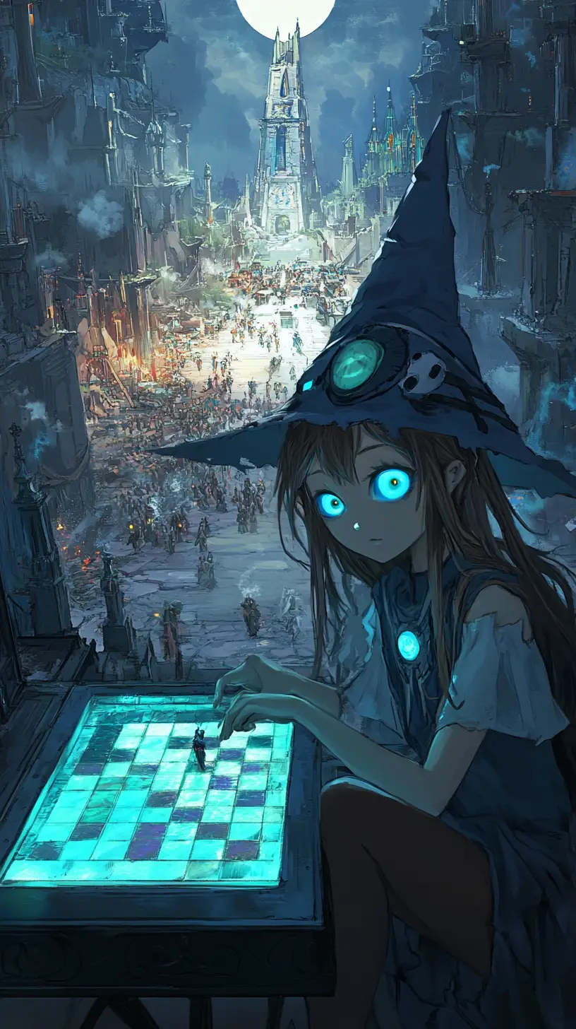 テーブルで鏡に映る自分とチェスをする少女