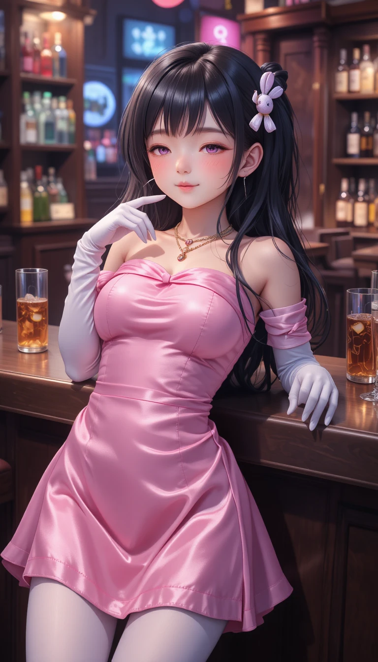 Young anime girl in a pink dress at a dark bar
