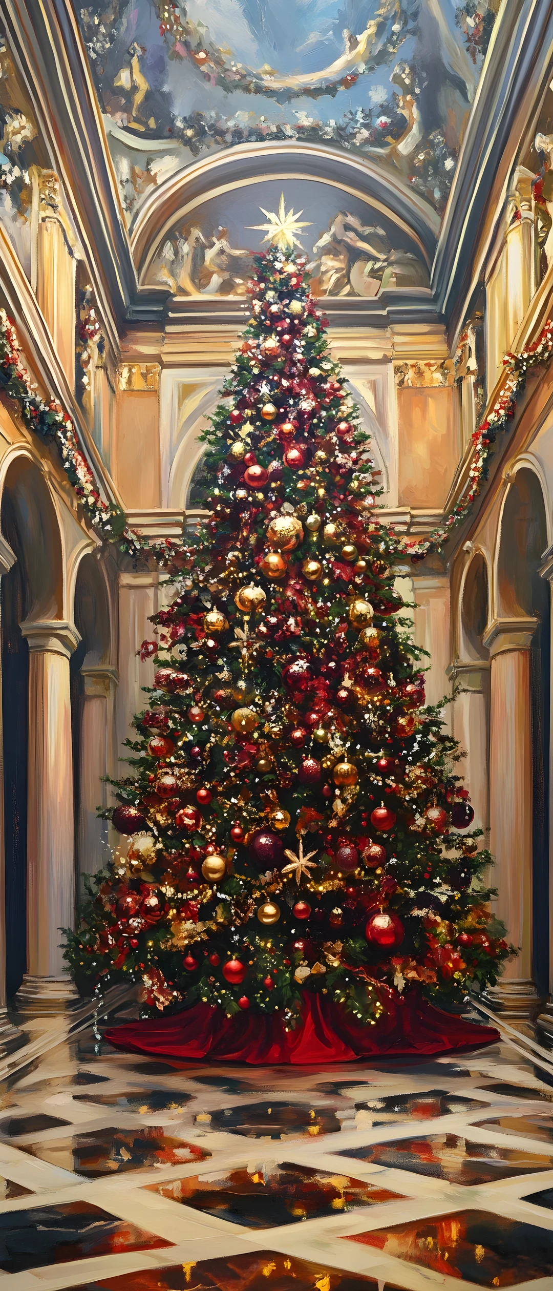 Prächtiger Weihnachtsbaum in opulent geschmückter Eingangshalle