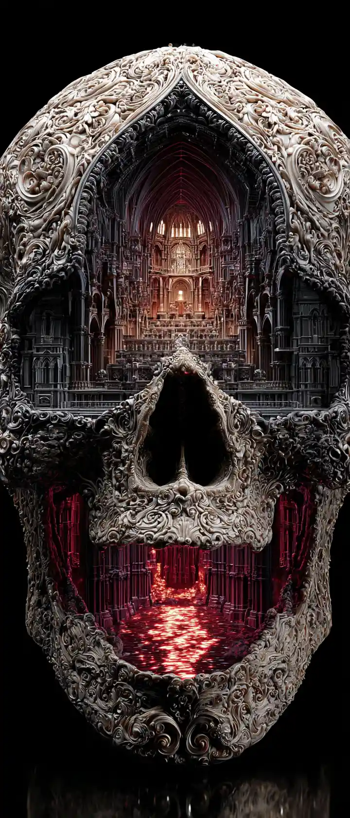 Baroque Skull With Gothic Cathedral And Molten Red Floor