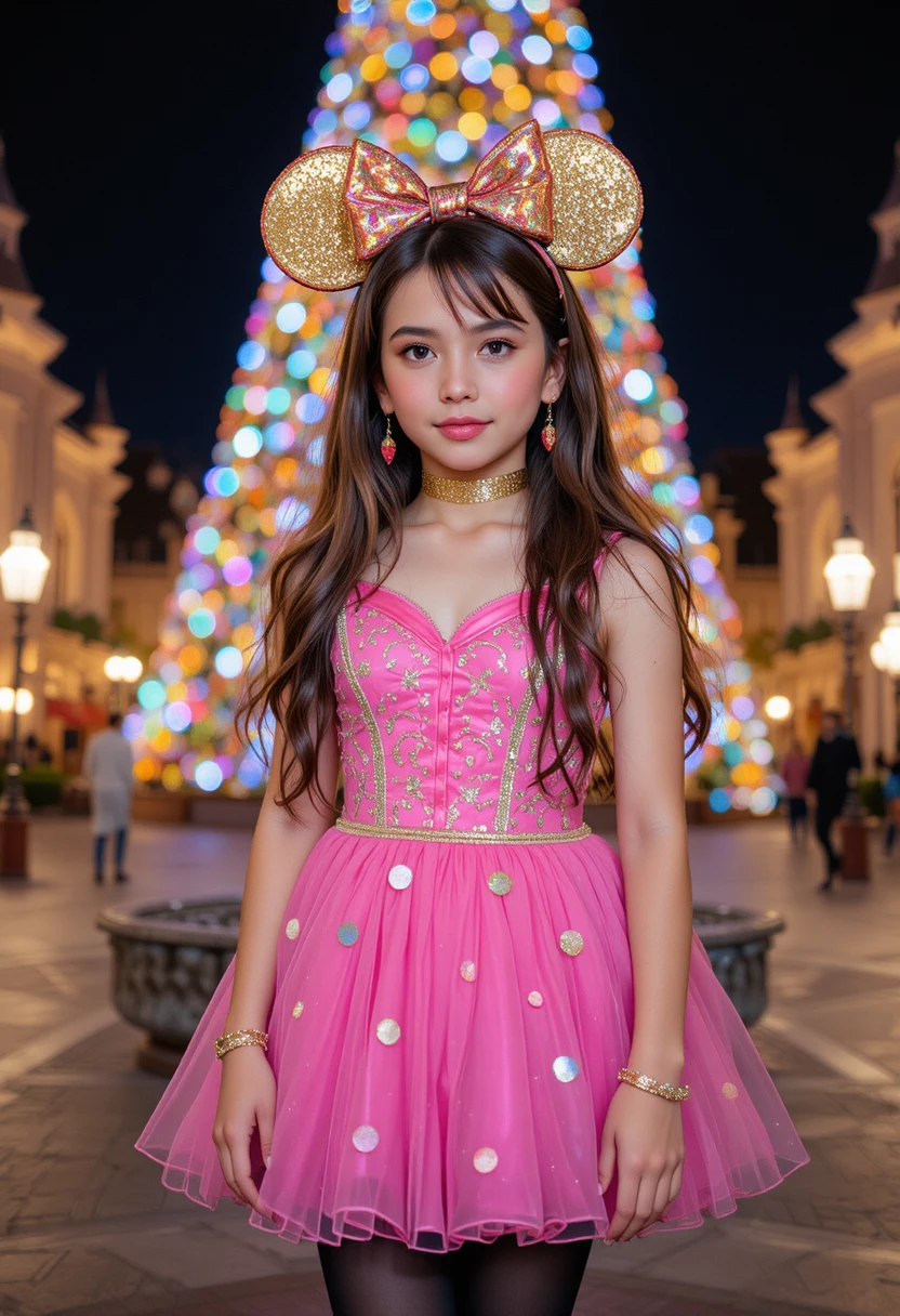Tween girl in pink dress by Disneyland Christmas tree